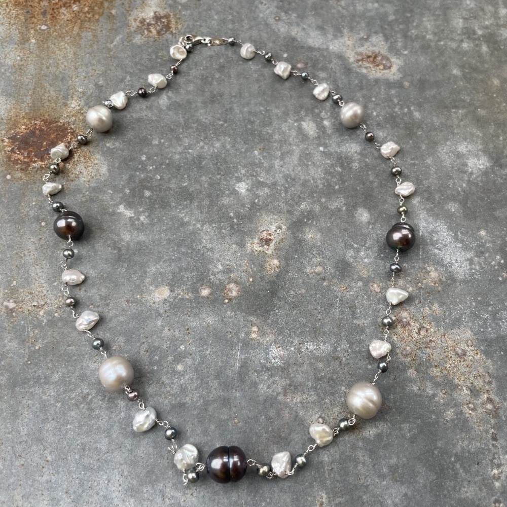 8mm-2mm Natural and Colored Pearl 18" Sterling Silver Necklace